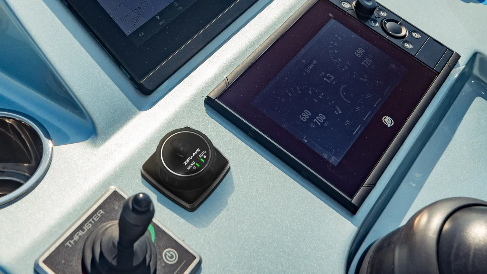 Zipwake Mini Controller when it's installed on a boat.
